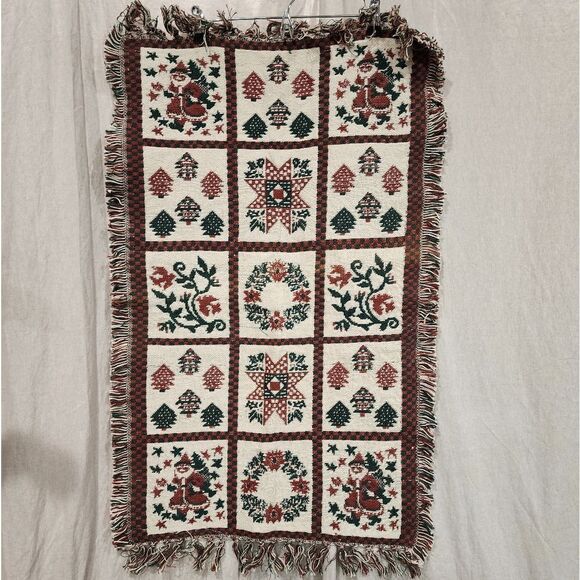 Vintage Holiday Ivory Jacquard Rug Carpet Hand Woven Fringe Size 20x33 Cotton - Picture 1 of 5